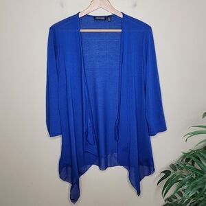 Notations | Blue Draped Open Front Cardigan with Sheer Trim Size Medium